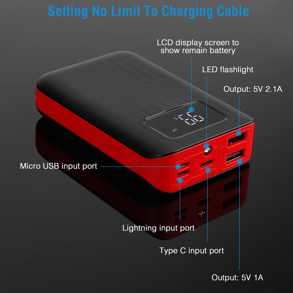 1Pc 1W MAh Portable Power Bank External Battery Pack Charger Dual USB Charge Interface With LCD Display Flashlight Type C Micro USB Lightning Input