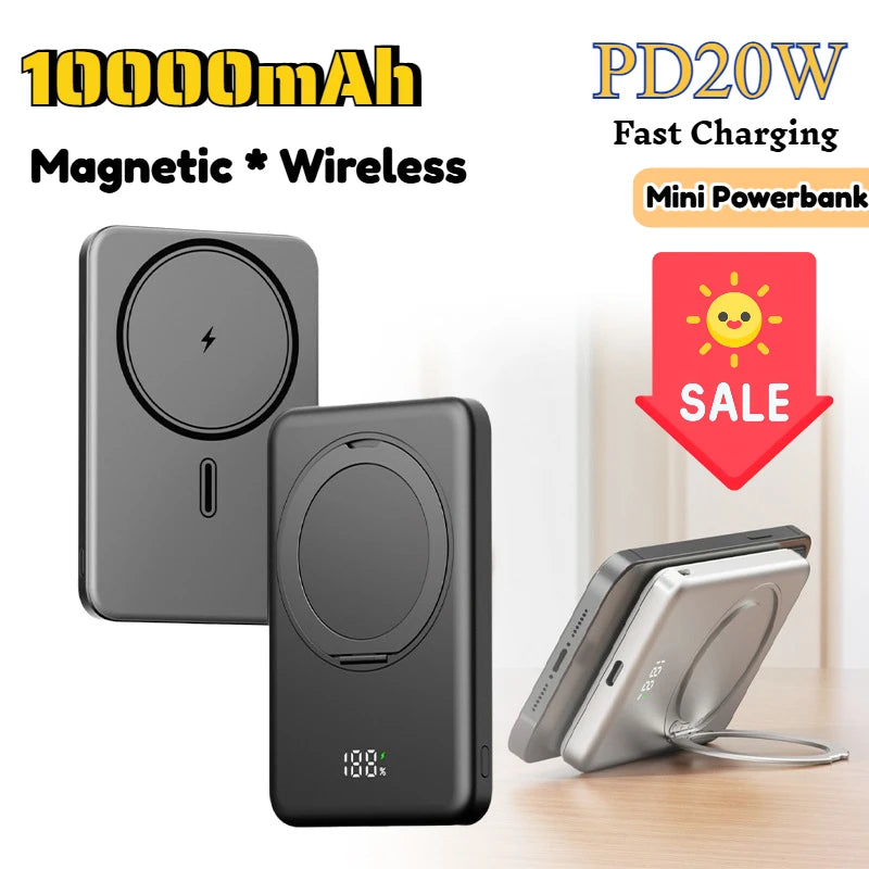 PD20W Magnetic Power Bank 10000mAh Portable Wireless Fast Charging Powerbank for IPhone MagSafe Mini External Battery with Stand