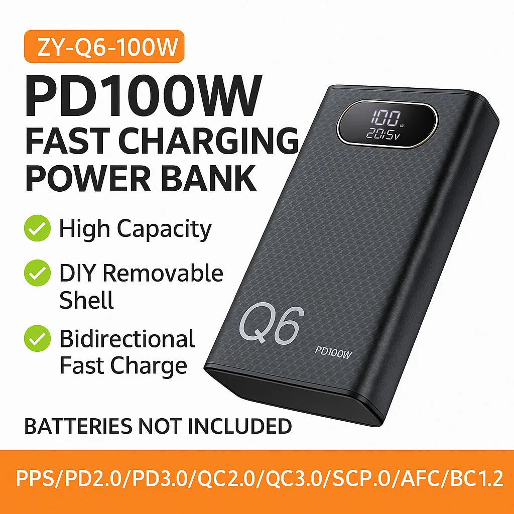PD100W Fast Charging Power Bank DIY Kit 20V 5A 6x 21700 Battery Pack Portable Customizable No Soldering Easy Assemble