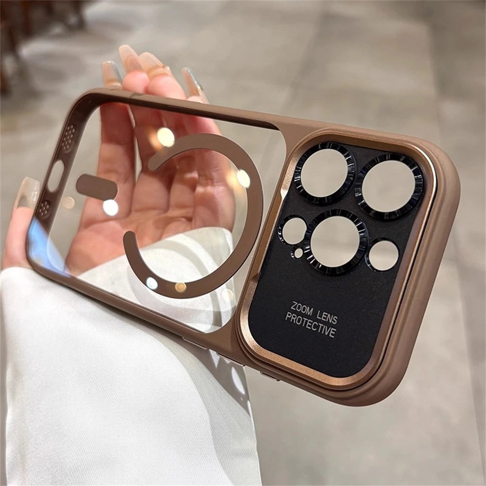 Luxury Magnetic Metal Lens Bumper Protection Case For iPhone 17 16 15 14 13 Pro Max Plus For Magsafe Acrylic Translucency Cover