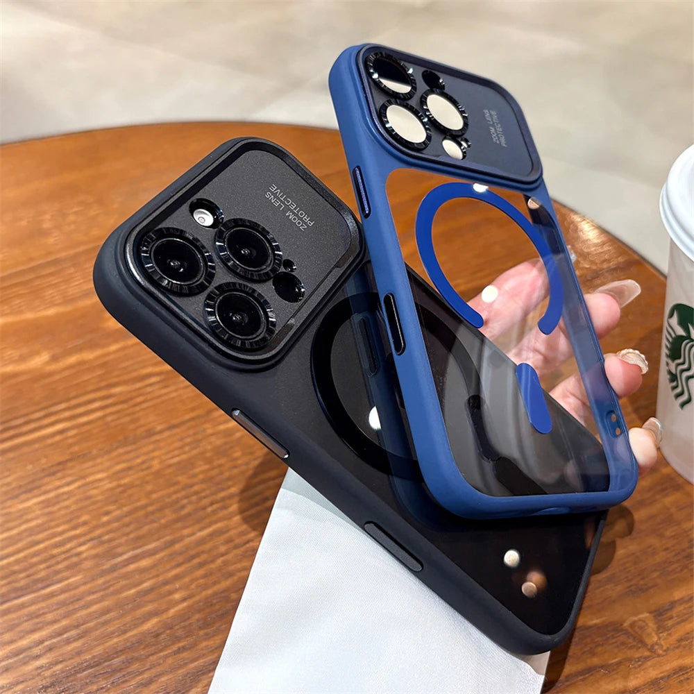 Luxury Magnetic Metal Lens Bumper Protection Case For iPhone 17 16 15 14 13 Pro Max Plus For Magsafe Acrylic Translucency Cover