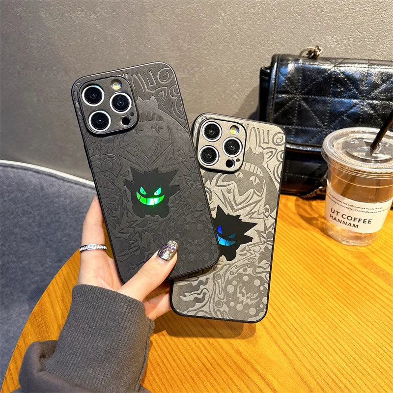 Cute Cartoon Gengar Emboss Leather Texture Laser Phone Case for iPhone 17 Air 16 15 14 13 12 Pro Max Shockproof Protective Cover