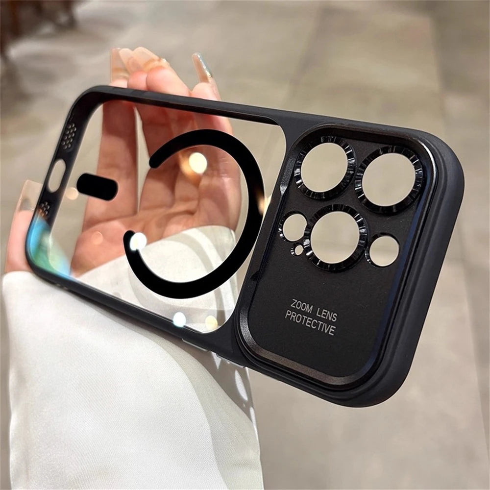 Luxury Magnetic Metal Lens Bumper Protection Case For iPhone 17 16 15 14 13 Pro Max Plus For Magsafe Acrylic Translucency Cover