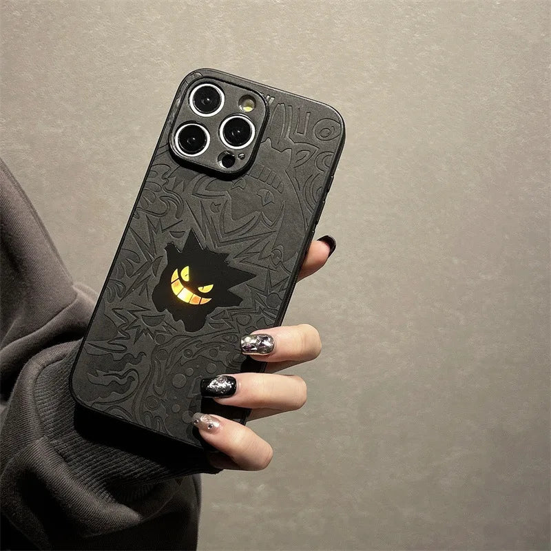 Cute Cartoon Gengar Emboss Leather Texture Laser Phone Case for iPhone 17 Air 16 15 14 13 12 Pro Max Shockproof Protective Cover