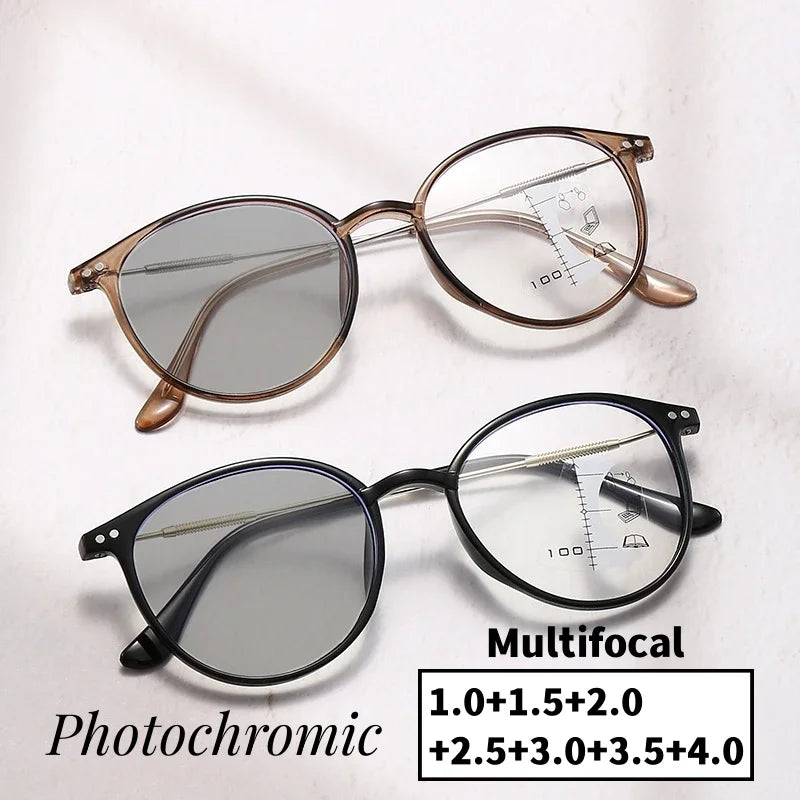 Smart Photochromic Reading Glasses Unisex Round Progressive Multifocal Presbyopia Eyeglasses Finished Near Far Bifocal Eyewear